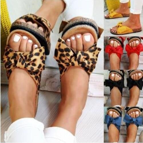 Women Fashion Leopard Bow-knot Slides Ladies Indoor Home Comfortable Cork Flip Flops Women Casual Breathable Beach Sandals Hot
