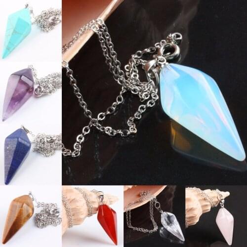 SUNYIK Rainbow Gem Stone Pyramid Point Pendant Healing Dowsing Chakra Pendulum White Gold Color Chain Necklace Women Men Jewelry