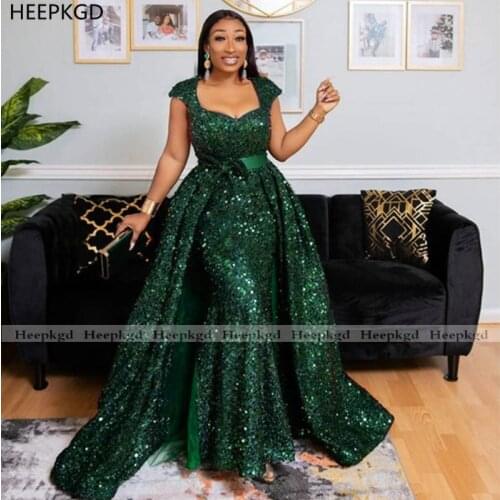 Green 2021 Sparkly African Mermaid Evening Dress Detachable Train Cap Sleeves Sequins Black Girls Party Evening Gowns Long