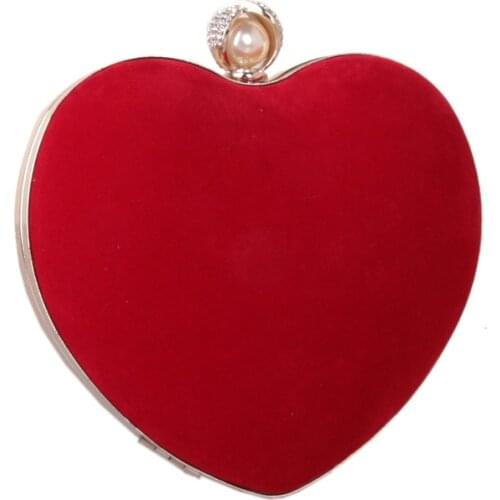 Retro Red Heart Shaped Evening Clutch Bags Women Chic Velet Pearl Handbag Ladies Flannel Chain Messenger Bag Wedding Party New