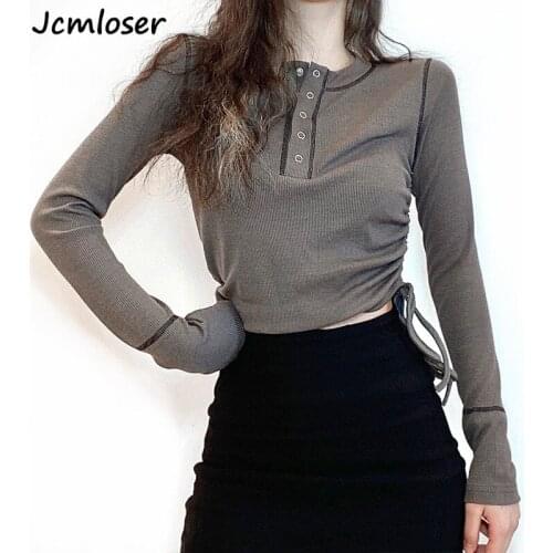 Ribber Knitted Basic T Shirt Women Ruched Drawstring Casual Long Sleeve T Shirt Skinny Autumn Winter Slim Tee Womens Top