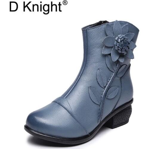 New Genuine Leather Flower Ethnic Ankle Boots Fashion Round Toe Side Zip Low Heeled Women Winter Boots Size 35-41 Ladies Shoes