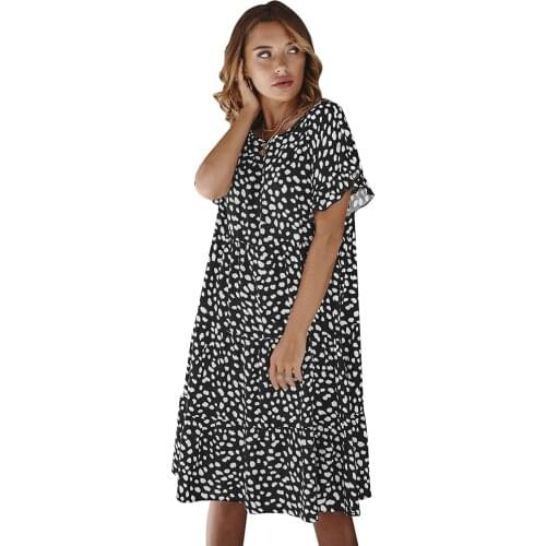 Women Summer Knee Length Dress Polka Dot Ruffle Sleeve Leated Dresses Casual Cotton Blend Women Loose Dress Loose