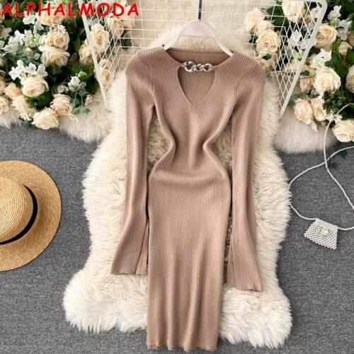 ALPHALMODA Spring Autumn New Flare Sleeve Chain Collar Women Vintage Knitting Dress Solid Slim Fit Ladies Fashion Retro Dress