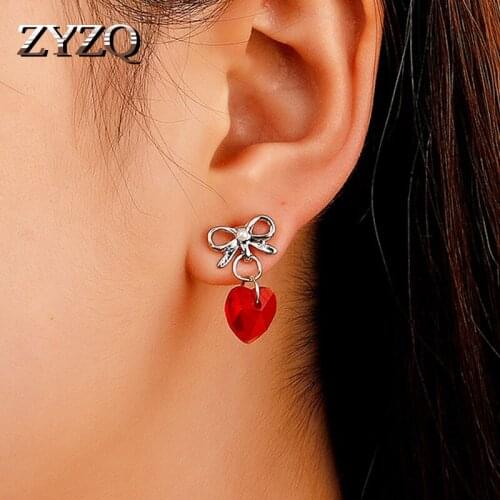 ZYZQ Sweet Peach Heart Bow Earrings For Woman Temperament Rhinestone Red Love Drop Earrings Valentines Day Gift Jewelry