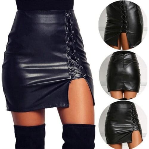 2021 Sexy Womens Skirt Faux Leather High Wrap Hip Hip Skirt Bandage Black Plus Size Skirt Fashion Ladies Solid Мини юбки