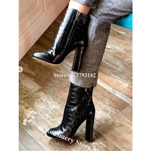 Women Fashion Round Toe Pattern Leather Chunky Heel Short Boots Black Side Zipper-up Thick High Heel Ankle Booties Dress Heels