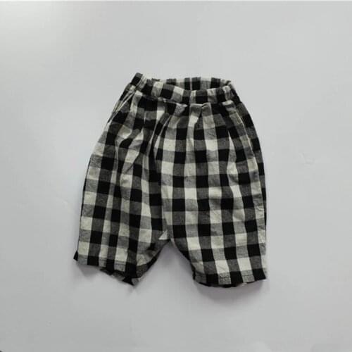 New Summer Korean Style Children Plaid Pants Cotton Linen Loose Toddlers Kids Calf-length Trousers