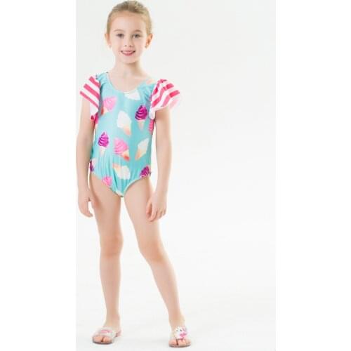 Summer Baby Girls One-piece Swimsuit Ice Cream Pattern Ruffle Short Sleeve U-shaped Neck Swimwear For Vacation Beach