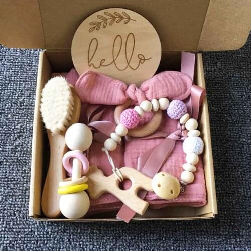 Baby Towel Newborn Bath Toy Set Double Sided Cotton Blanket Wooden Rattle Bracelet Crochet Toys Baby Bath Gift Products For Kids