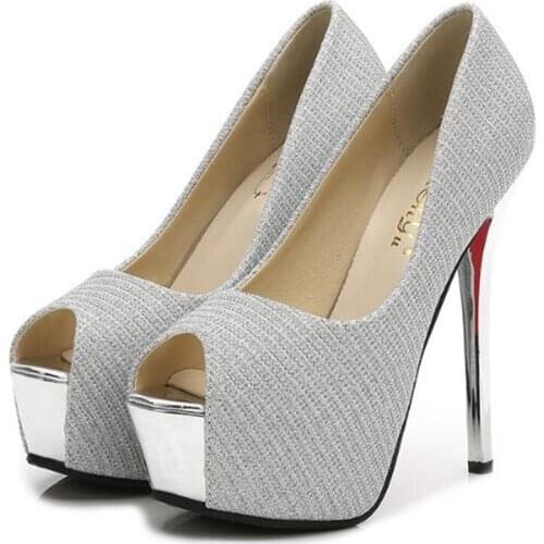 Designer Women Pumps Sequined Cloth Slip On 14CM Thin High heel Peep Toe waterproof fashion Dress Party Wedding shoes for women