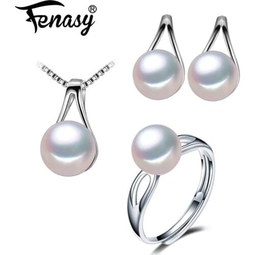 FENASY Trendy Fine Pearl Jewelry Wedding Engagement Jewelry Sets Natural Pearl Pendant Necklace women stud Earrings Cute Ring
