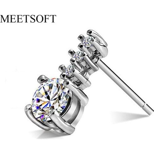 MEETSOFT Silver Plated Prevent Allergy Fashion Stud Earrings for Women Design Trendy Crystal Small Round Jewelry Gift