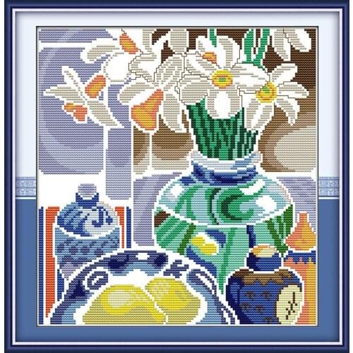 Flowers in the blue and white porcelain cross stitch kit 14ct 11ct print canvas stitching embroidery DIY handmade needlework