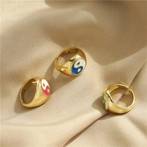 2021 New Fashion Gold Color Copper Rings Korean Cute Enamel Daisy Tulip Heart Yin and Yang Rings Gift For Women Jewelry
