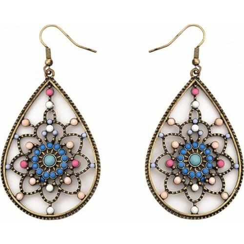 Ins Antique Gold Hollow Out Flower Colorful Resin Stones Piercing Teardrop Earrings Vintage Korean Fashion Women Party Jewelry