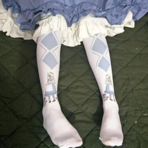 Japanese Lolita Lengthened Stockings Blue and White Rhombic Miss Alice Printed Stockings stock XWZ-CT02