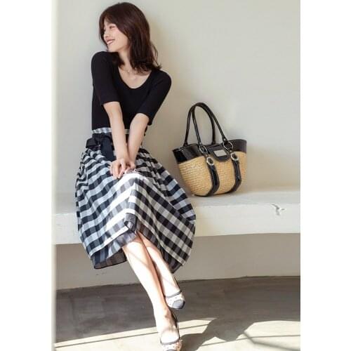 Spring summer skirt skirts women 2020 new spring fashion elegant black plaid belt a-line cotton skirt mid-long ladies skirts