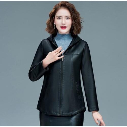 New Womens Black Elegant Hooded Leather Jackets Ladies Slim Soft Sheepskin Leather Coat Plus Size 5XL Female Clothing Outerwear