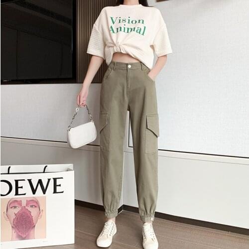 Spring Plus Size Khaki Cargo Pants For Women Solid Color Simplicity Casual Ankle Length Pants Ladies MY-capacity For Love