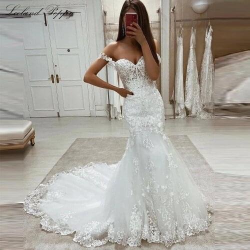 Lceland Poppy Mermaid Lace Appliques Wedding Dresses 2021 Boat Neck Floor Length Bridal Gowns Vestido de Noiva with Chapel Train