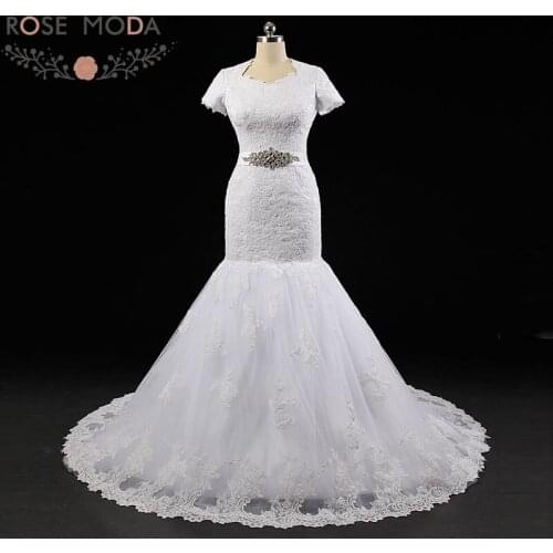 Rose Moda Vintage Mermaid Wedding Dress Short Sleeves Lace Wedding Dresses with Crystal Sash Muslim Wedding Gowns 2018