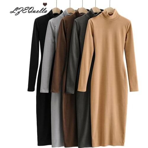 LZEQuella Turtleneck Long Sleeve Warm Dress Women Autumn Winter Skinny Casual Clothes Solid Hip Dresses NZ2804
