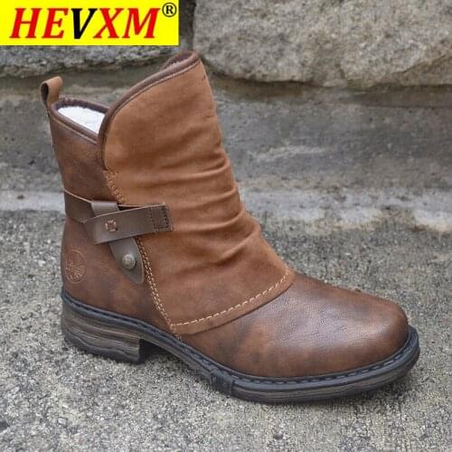 Winter Warm Women Ankles Boots Pu Leather Patchwork Plush Zipper Buckle Low Heel Female Plush Casual Shoes Short Botas Mujer