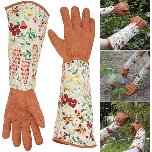 1Pair Breathable Gloves Floral Print Faux Leather Garden Gloves for Women Non-Slip Cleaning Gloves Gardening Household Gloves