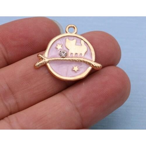 10PCS Gold Color Crystal Enamel Pink Cat Charms Pendants for Jewelry Making Earrings Bracelet Necklace DIY Handmade Craft