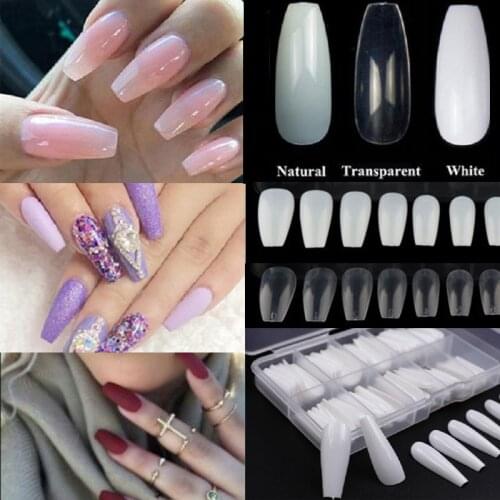 100/600pcs Ballerina Nail Art Tips Transparent/Natural False Coffin Nails Art Tips Flat Shape Full Cover Manicure Fake Nail Tips