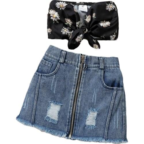 2021 Fashion Kids Girls Summer Clothes Sets Strapless Floral Printed Bow Vest Tops Denim Zipper A-Line Skirts for 1-6Y