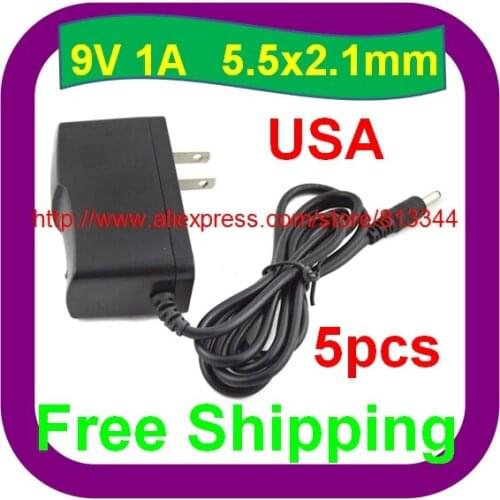 5 pcs Free Shipping AC 100V-240V Converter Adapter DC 9V 1A 1000mAh Power Supply 5.5/2.1mm US Plug