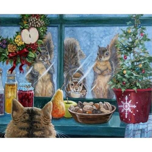 5D DIY Diamond Painting christmas window Scenery Diamond Embroidery rabbit & cat Cross Stitch Mosaic Needlework Home Decor L45