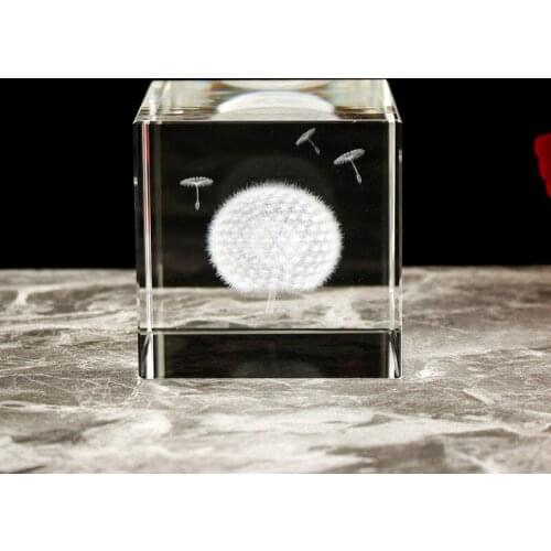 60mm 3D Laser Engraved Dandelion Cube Dandelion Miniature Glass Model Paperweight For Home Decoration Gifts