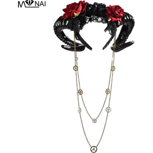 Handmade Sheep horn Headband Roses Gear Chain Hairband Accessory Demon Evil Gothic Lolita Cosplay Halloween Headwear Prop