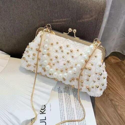 White Color Women Day Clutch Beading Soft Metal Evening Bag For Wedding Bridal Handbags Pearl Rose Party Purse