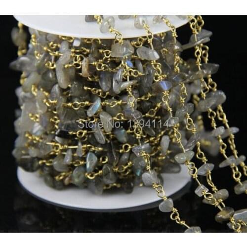 Natural Labradorite Chips Beaded Chain, Wire Wrapped Chip Beads DIY Chain