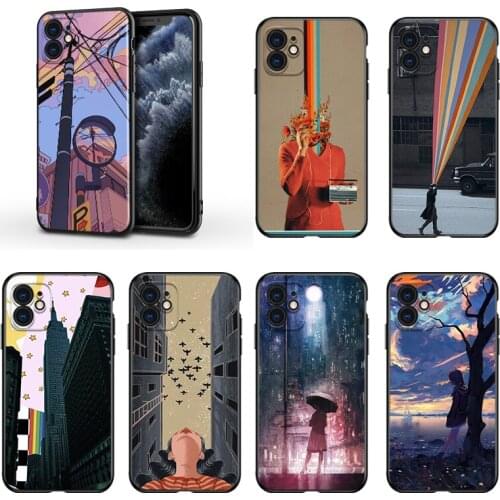 Aesthetic Style Painting Art For Apple iPhone 13 12 11 Mini XS XR X Pro MAX SE 2020 8 7 6 5 5S Plus Black Silicone Phone Case
