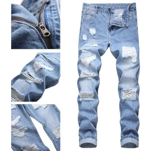 Denim jeans mens casual pants Korean style trend spring and autumn mens trend brand hole ruined black jeans