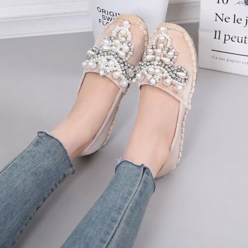 Pearl beading espadrilles shoes woman 42 43 big size straw flats crystal flower loafers women fisherman creepers moccasins 241