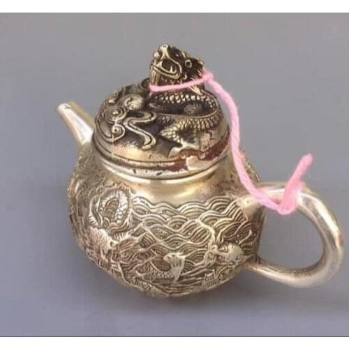 Collection Chinese Tibetan Silver Carved Dragon Copper Teapot Wine Pot Water Pot Home Decoration Crafts