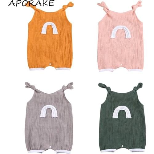 2021 0-18M Sweet Newborn Baby Girl Romper Rainbow Patch Sleeveless Loose Jumpsuit Cotton Linen Clothes Summer Outfit 4 Colors