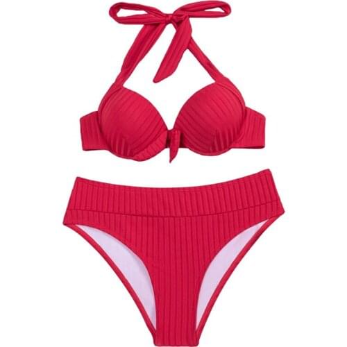 2021 Womens Sexy Solid Color Swimwear, Sleeveless Halter Tops Briefs Swimsuit Classic Hollow Bare Midriff Two-pieces Set