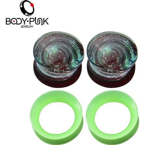 BODY PUNK Trendy Man Piercing Jewelry Glass Gift 4pcs Pyrex Glass Green Galaxy Plug with Green Silicone Plug And Tunnels Women