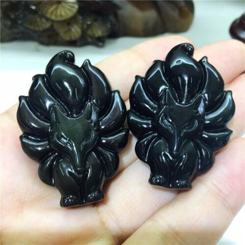 Natural Obsidian nine-tailed fox quartz crystal gemstone reiki healing carved Necklace pendant for decoration 1pcs