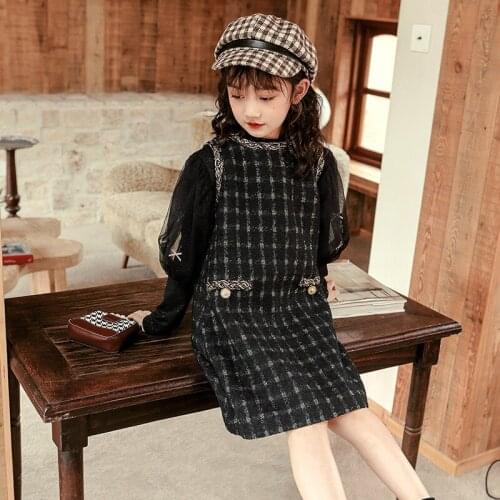 2021 fall new girls black puff sleeve t shirts and plaid sleeveless dress 2pcs sets wholesale