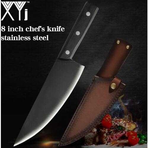 XYj Hunting Outdoor 8'' Knife Stainless Steel Kitchen Chef Leather Cover Sheath Meat Fish Vegetable Chinese Sliced Cooking Tools