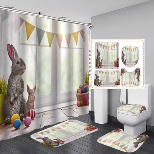 Easter Rabbit Egg Prints 3d Fabric Shower Curtains Bathroom Curtain Anti-skid Rugs Carpet Toilet Lid Cover Bath Mat Home Decor