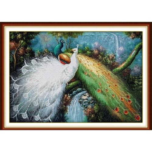 Peacocks in green Forest(2)( horizontal edition) cross stitch kit cartoon canvas stitching embroidery DIY handmade needlework